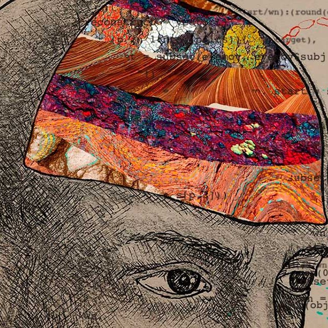 Detail of an illustration by Panos Baras: a head in profile drawn over printed R code, the top of the skull opened to reveal layered geological strata where the brain would be